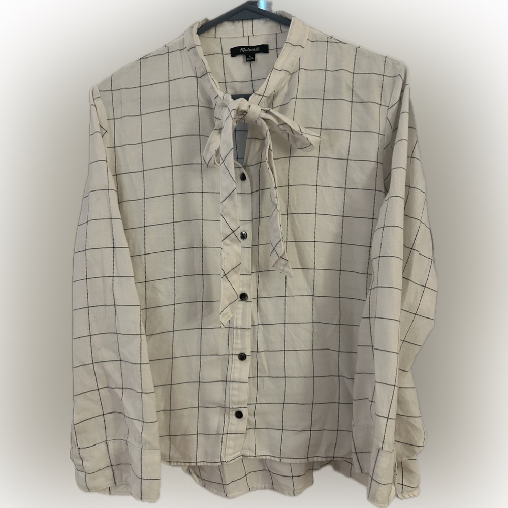 Madewell windowpane high low blouse with tie neck 100% cotton